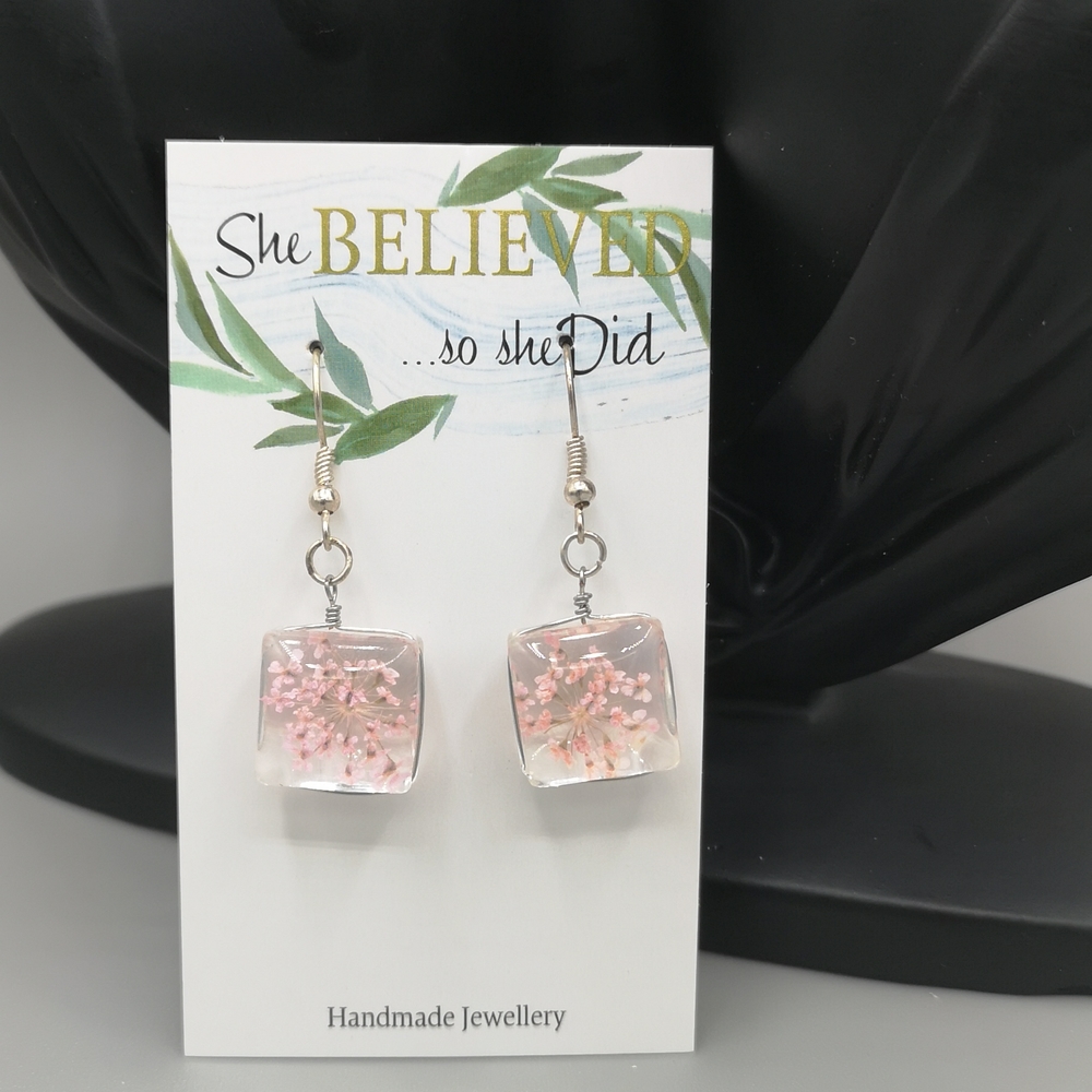 REAL Flower Baby Pink Square Glass Bead Earrings